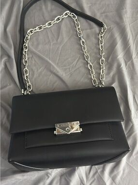 Michael Kors Black Leather Shoulder Bag with Silver Chain